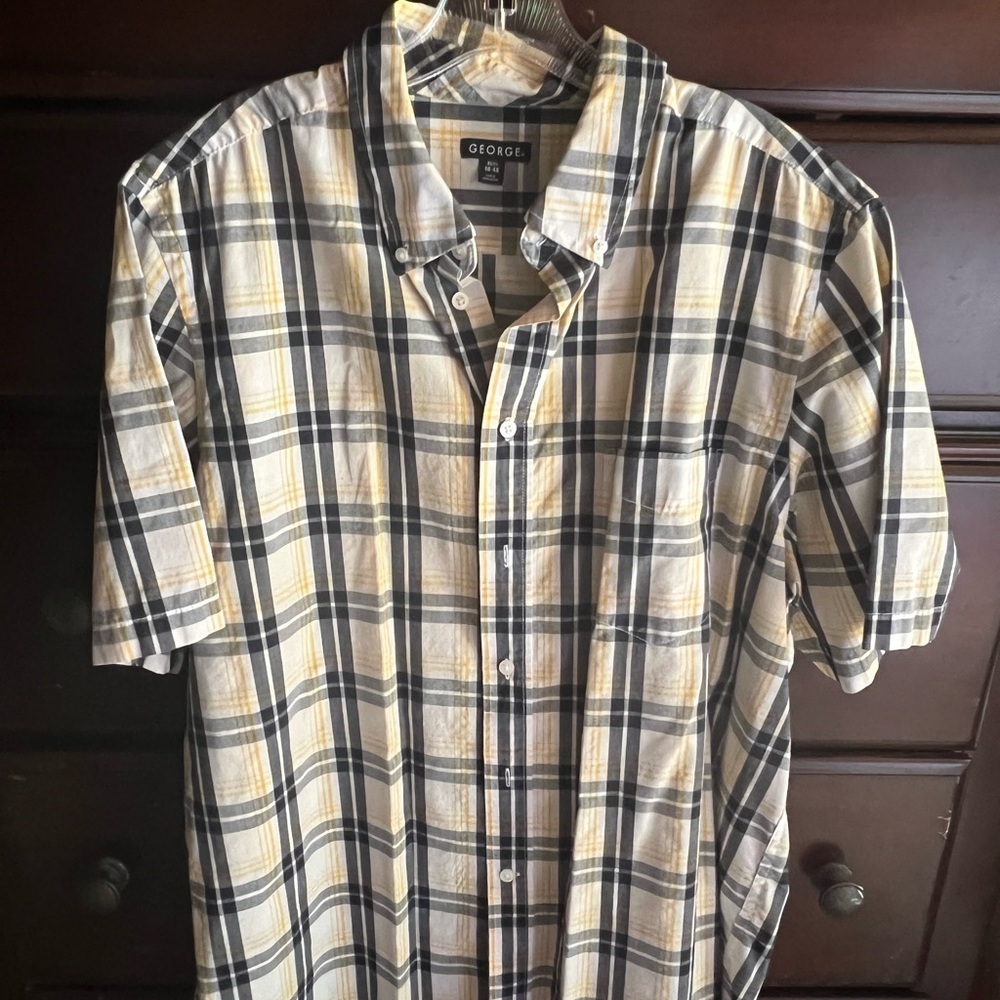 George Men’s Yellow & Gray Plaid Short-Sleeve Button-Up Shirt – XL (46-48)